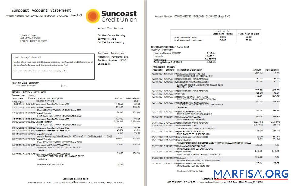 Realistic USA Suncoast bank statement word 3 pages template